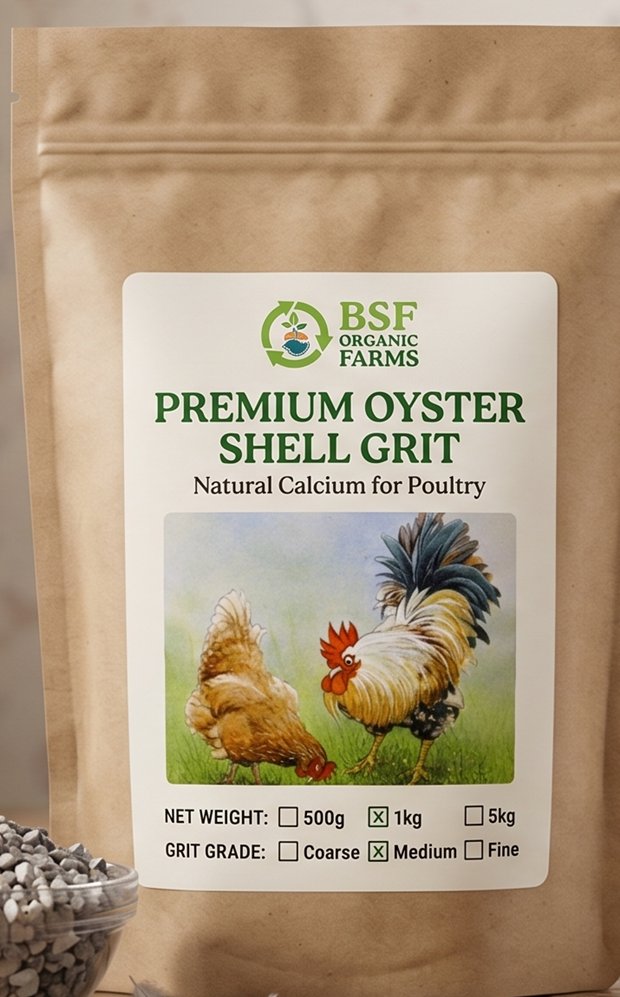 1 kg resealable pouch of BSF Organic oyster shell grit